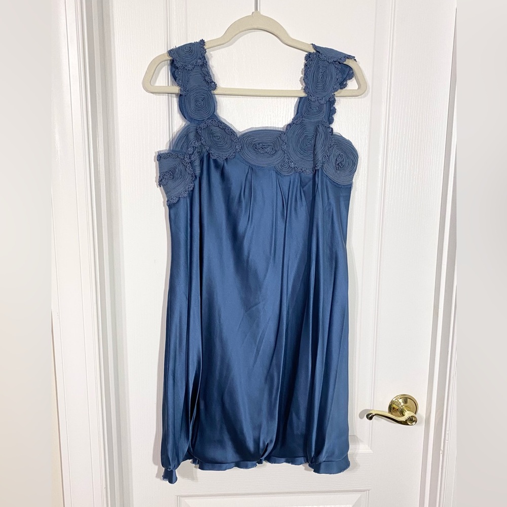 BCBGMaxAzria SILK Rosette Trim Sleeveless Mini Bubble Dress Y2K Blue Medium